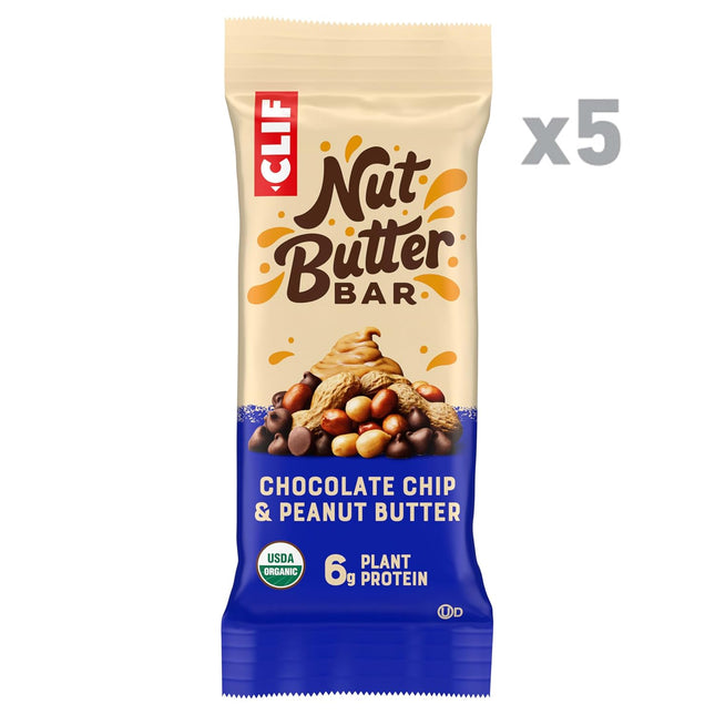 5CT CLIF Nut Butter Bar in Chocolate Chip & Peanut Butter flavor, a USDA organic, plant-based snack bar (Jan 05,2027)