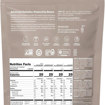 Cure Hydration | Plant-Based Electrolyte Drink Mix | No Added Sugar | FSA-HSA | Dehydration Relief Powder Made with Coconut Water | Non-GMO | Vegan | 8 Packets - Variety Pack