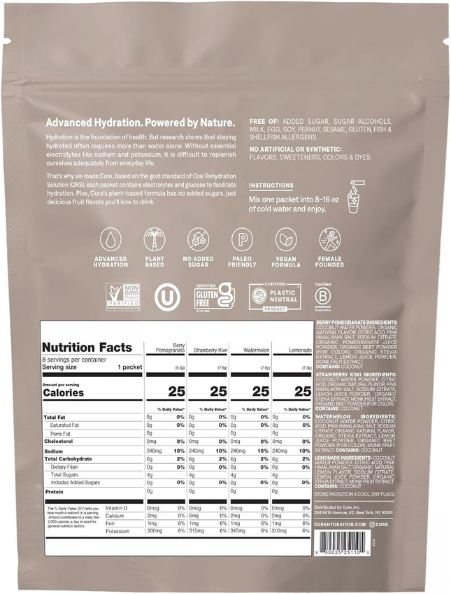 Cure Hydration | Plant-Based Electrolyte Drink Mix | No Added Sugar | FSA-HSA | Dehydration Relief Powder Made with Coconut Water | Non-GMO | Vegan | 8 Packets - Variety Pack