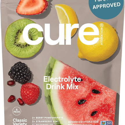 Cure Hydration | Plant-Based Electrolyte Drink Mix | No Added Sugar | FSA-HSA | Dehydration Relief Powder Made with Coconut Water | Non-GMO | Vegan | 8 Packets - Variety Pack