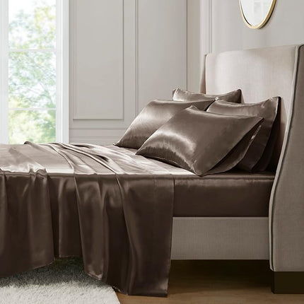 Madison Park Essentials Satin Sheet Set - King, Chocolate, 6-Piece (Open Box)