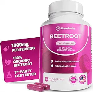 Rosabella Organic Beet Root Capsules - 1300mg Beet Root Powder Aids Healthy Circulation & Vitality, Non-GMO, Beet Root Supplement - 60 Capsules