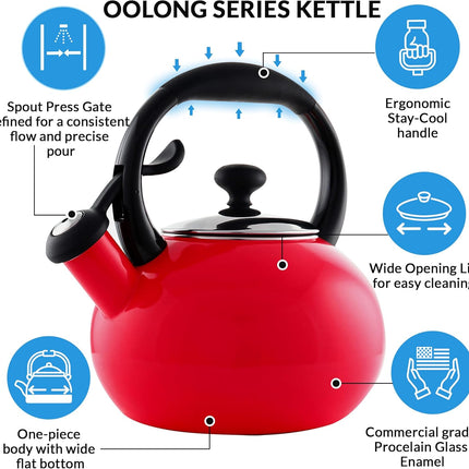 Chantal 1.8 QT Red Enamel on Steel Kettle – Buttons Series – Whistling, Quick Boil – New