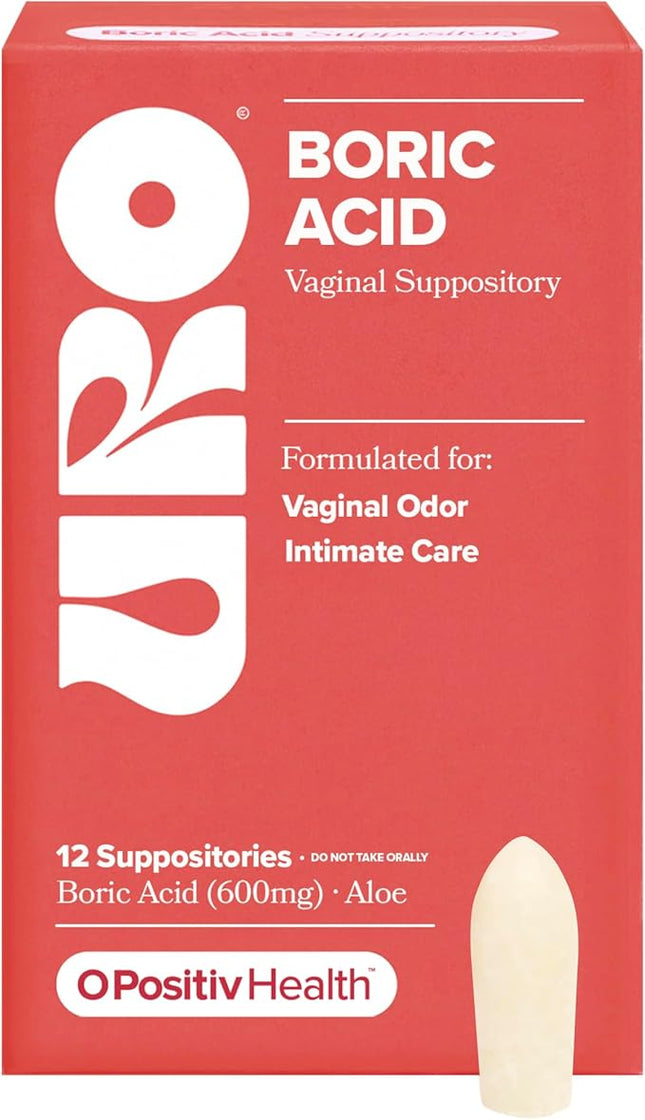 O Positiv URO Boric Acid Vaginal Suppository – with Lactic Acid, and Aloe for Fast Relief and Vaginal Odor Control - 12 CT EXP. 11/2027