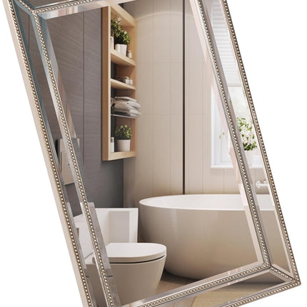Head West Champagne Silver Metro Beaded Glass Framed Vanity Mirror 24"x36" Open Box