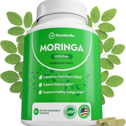 Rosabella Moringa Powder Capsules - 800mg of Pure Nutrient-Rich Moringa Powder - 60 Count