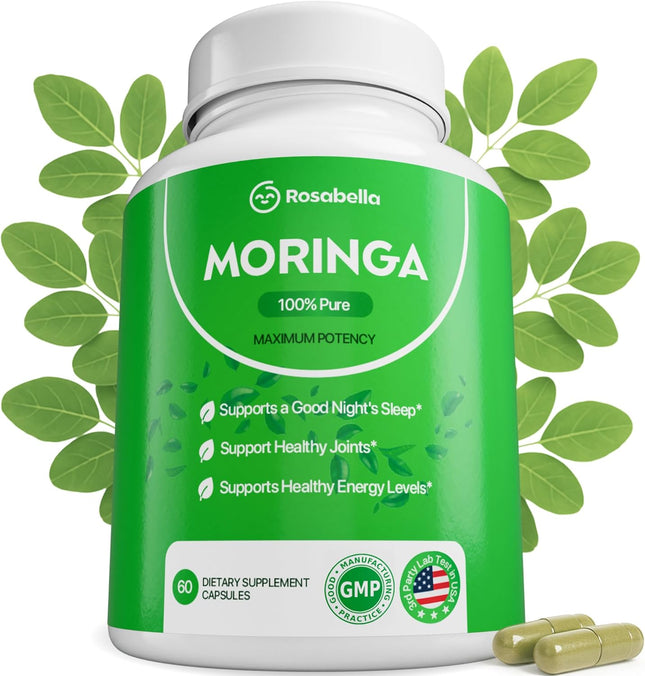 Rosabella Moringa Powder Capsules - 800mg of Pure Nutrient-Rich Moringa Powder - 60 Count
