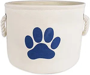 Canvas storage bin with blue paw print design on a white background