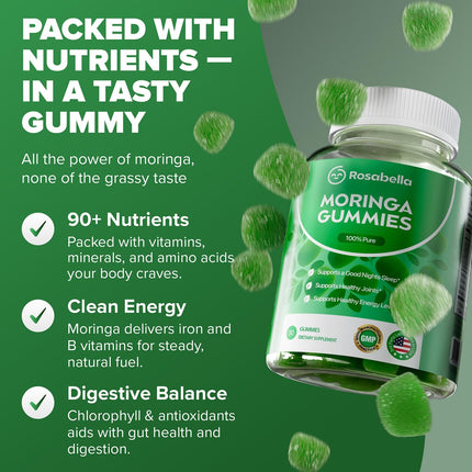 Rosabella Moringa Gummies – Moringa Leaf Extract 1000mg Equivalent Per Serving – Natural Energy & Balance - 30 Count