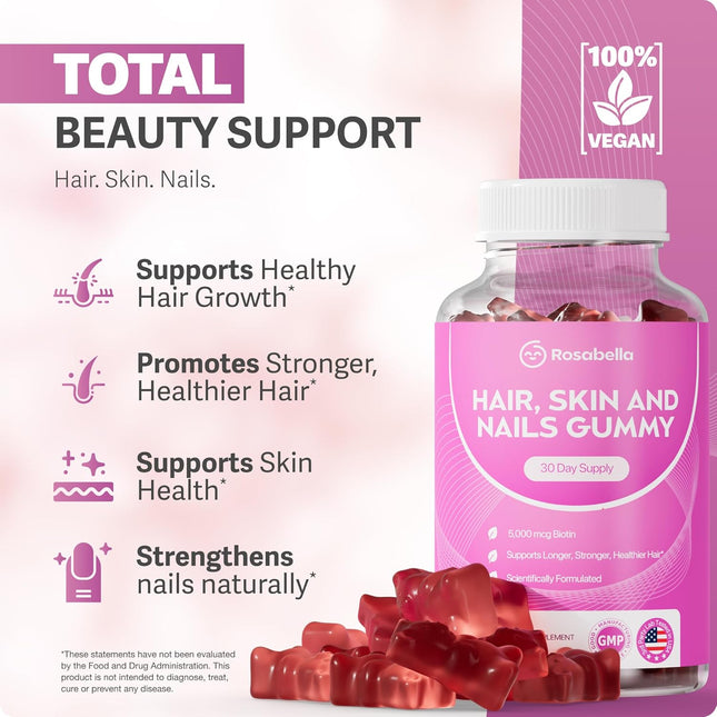 Rosabella Hair Growth Gummies for Women & Men – Vegan Hair Gummies with 5000mcg Biotin - 6O CT EXP. 9/2027