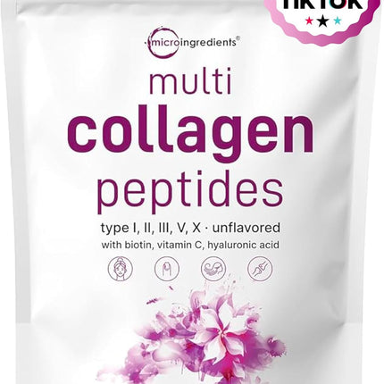 Micro Ingredients Multi Collagen Peptides Powder, 2lb – Hydrolyzed Type I,II,III,V,X with Biotin