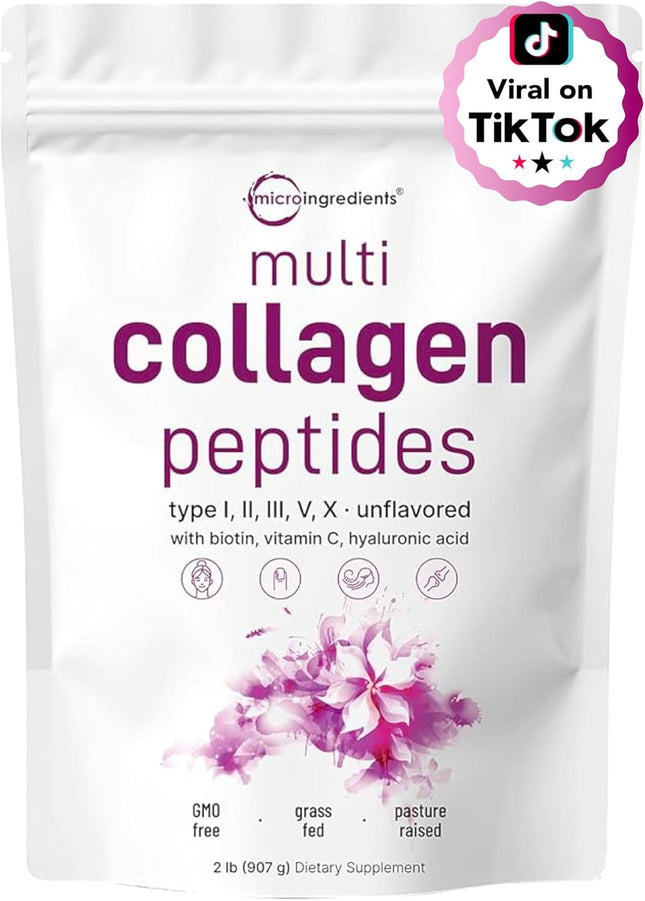 Micro Ingredients Multi Collagen Peptides Powder, 2lb – Hydrolyzed Type I,II,III,V,X with Biotin