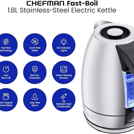 Chefman 1.8L Stainless Steel Electric Kettle - LED Lights, Auto Shutoff, Boil-Dry Protection (Open Box)