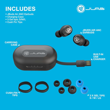 JLab JBuds Air ANC True Wireless Bluetooth Earbuds, Black, Active Noise Canceling - Open Box