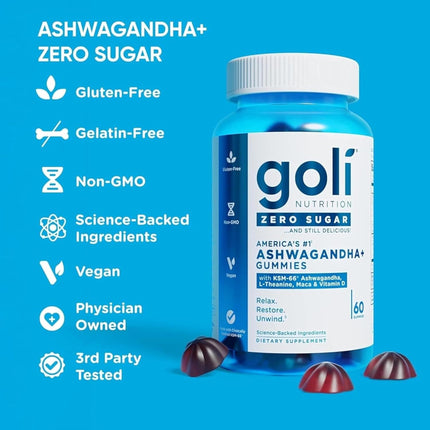 Goli Zero Sugar Ashwagandha Gummies with KSM-66, L-Theanine, Maca and Vitamin D - 60 Gummis