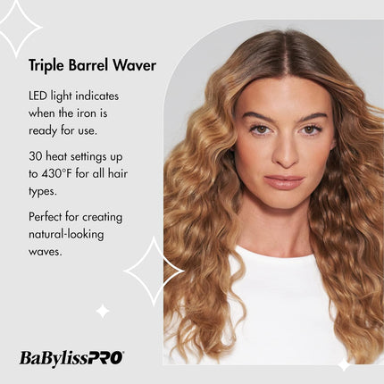BaBylissPRO Porcelain Ceramic Triple Barrel Waver, Black (New)