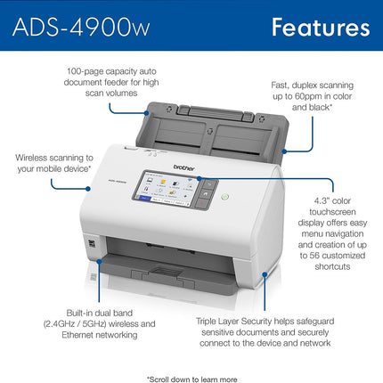 Brother ADS-4900W Professional Desktop Scanner with Fast Scan Speeds, Duplex, Wireless, and Large Touchscreen, White (New)