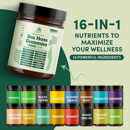 Natural Rems Sea Moss Gummies 16-in-1 - Ashwagandha Black Seed Oil Bladder Wrack Turmeric Vitamin