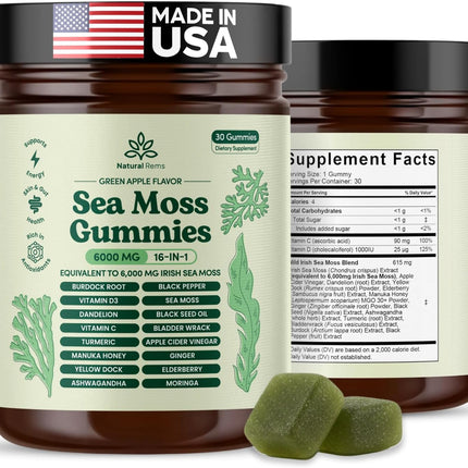Natural Rems Sea Moss Gummies 16-in-1 - Ashwagandha Black Seed Oil Bladder Wrack Turmeric Vitamin