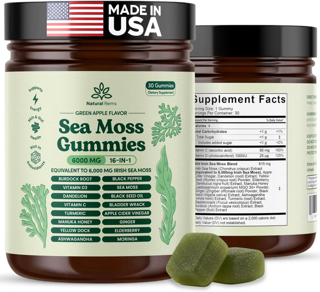 Natural Rems Sea Moss Gummies 16-in-1 - Ashwagandha Black Seed Oil Bladder Wrack Turmeric Vitamin