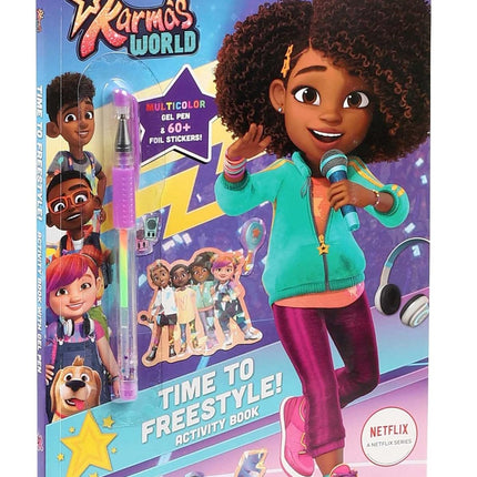 Activity book cover featuring a character from 'Karmo's World' with a pen and stickers on a purple background.