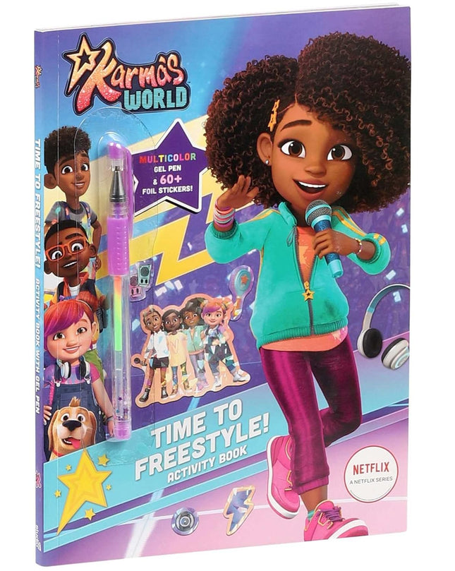 Activity book cover featuring a character from 'Karmo's World' with a pen and stickers on a purple background.