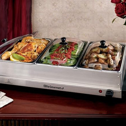 Elite Gourmet Triple Buffet Server with Temperature Control - 7.5 Qt, Stainless Steel (New)