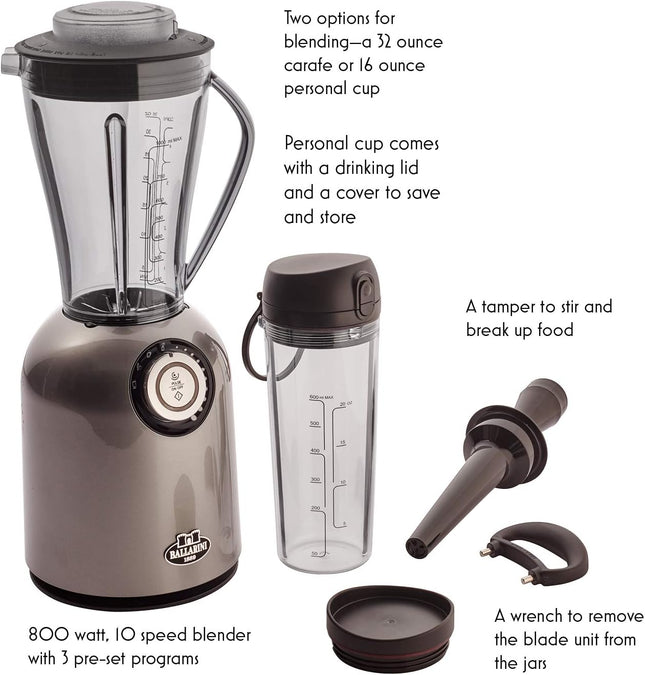 Ballarini Tesoro Countertop Blender – Metallic Grey, 800W, 32oz Carafe, Personal Cup Included