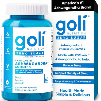 Goli Zero Sugar Ashwagandha Gummies with KSM-66, L-Theanine, Maca and Vitamin D - 60 Gummis