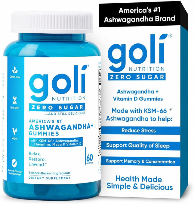 Goli Zero Sugar Ashwagandha Gummies with KSM-66, L-Theanine, Maca and Vitamin D - 60 Gummis