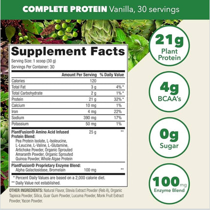 PlantFusion Complete Vegan Protein Powder - Non GMO - Plant Based Protein Powder Vanilla Bean 2 lb - Exp. 09/28