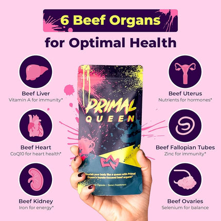 Primal Queen Female-Optimized Beef Organ Superfood Supplement (Beef Liver, Kidney, Heart, & 3 More) - 100% Gras