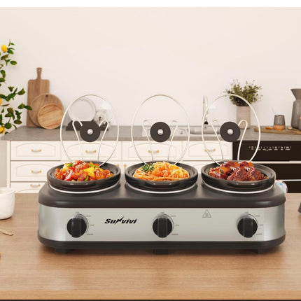 Sunvivi Triple Slow Cooker, Buffet Server and Food Warmer - 3 Pots, Adjustable Temp, Stainless Steel, Open Box