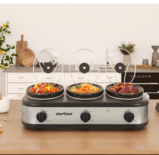 Sunvivi Triple Slow Cooker, Buffet Server and Food Warmer - 3 Pots, Adjustable Temp, Stainless Steel, Open Box