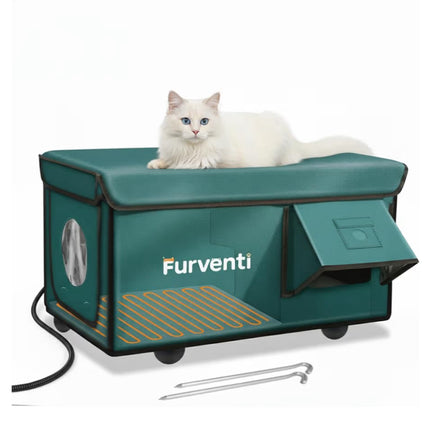 Heated Cat House for Outside with Dual Doors, Insulated Cat House Outdoor with Heating Pad, Weatherproof Heated Outdoor Cats Houses Weatherproof for Feral Cats (Deep Green, 25.5" L x 16" W x 13" H)