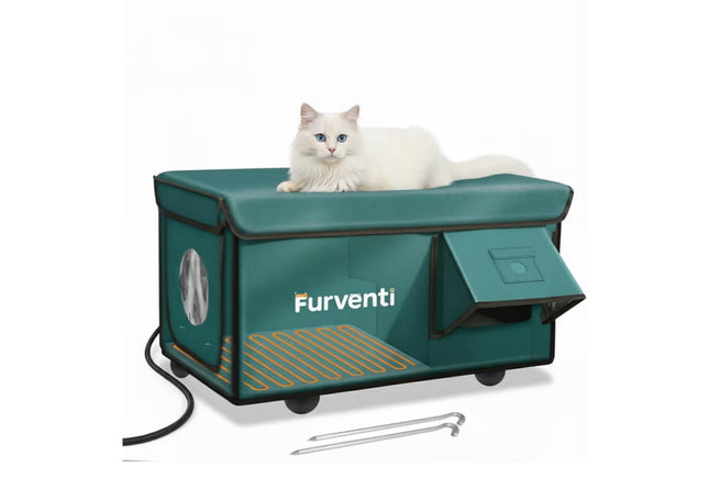 Heated Cat House for Outside with Dual Doors, Insulated Cat House Outdoor with Heating Pad, Weatherproof Heated Outdoor Cats Houses Weatherproof for Feral Cats (Deep Green, 25.5" L x 16" W x 13" H)