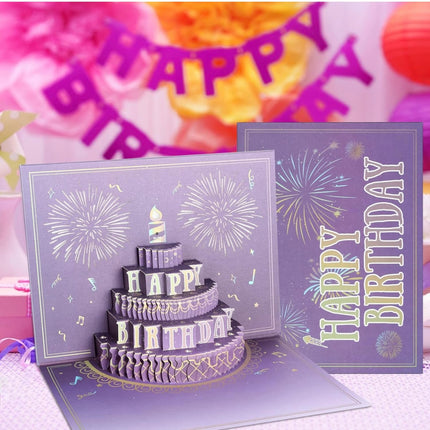 XTF2015 Happy Birthday Card, Lights & Music 3D Pop Up Fireworks Cake Card - New Open Box