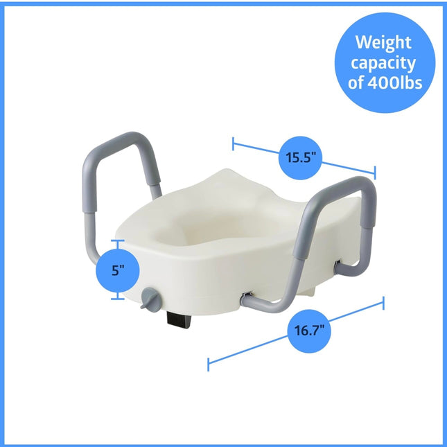 Medline 5” Elongated Raised Toilet Seat with Lock and Removable Padded Arms - New Open Box.