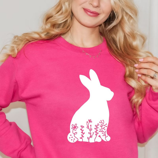 Simply Sage Market Bunny With Flowers Sweatshirt - Raspberry/White - Size M - New