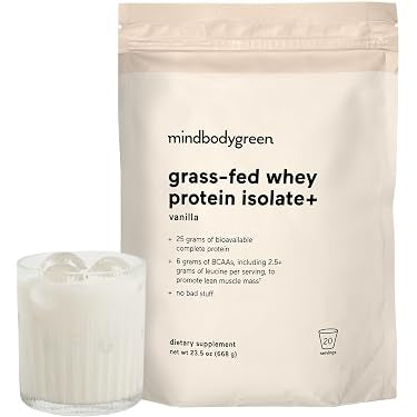 mindbodygreen Grass-Fed Whey Protein Isolate+ Vanilla – 20 Servings, 25g Protein - 09/27