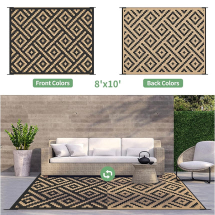 GENIMO Outdoor Rugs 8x10 Waterproof, Reversible Mats, Area Plastic Straw Rug, Outside Carpet, Geometric RV Mat for Patio Camping, RV, Picnic, Backyard, Deck, Balcony, Porch, Beach (Black & Brown) - Open Box New