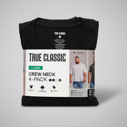 True Classic Crew Neck T Shirts - 4 Pack - Black/Navy/White/Grey - Size XL