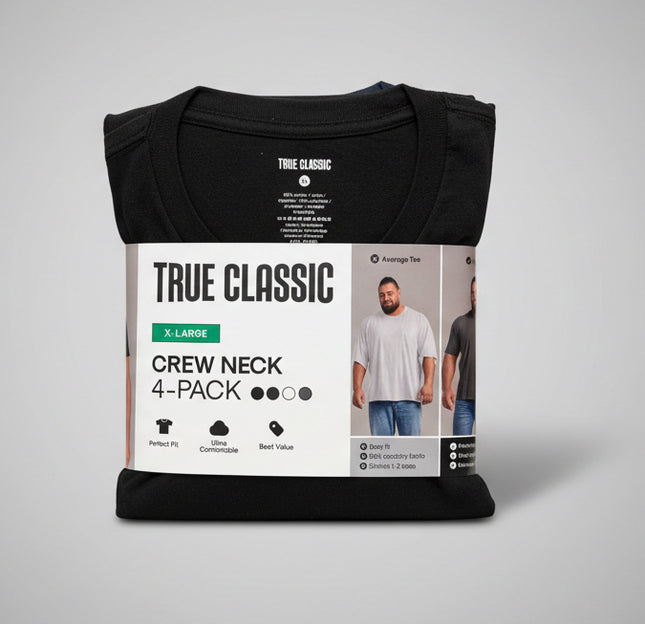 True Classic Crew Neck T Shirts - 4 Pack - Black/Navy/White/Grey - Size XL