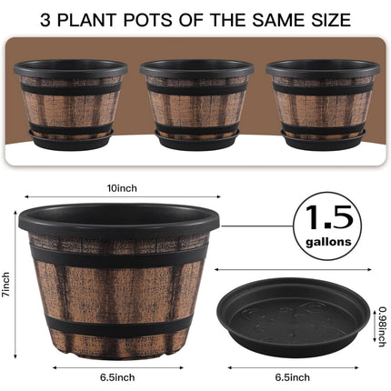 Quarut 3 Pack 10 Inch Plant Pots, Whiskey Barrel Planters with Drainage Holes & Saucer – Imitation Wine Barrel Design for Indoor & Outdoor Garden – Brown, New Open Box