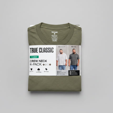 True Classic Crew Neck Tee Shirt - 4 Pack Green/Army/Grey/White Size XL