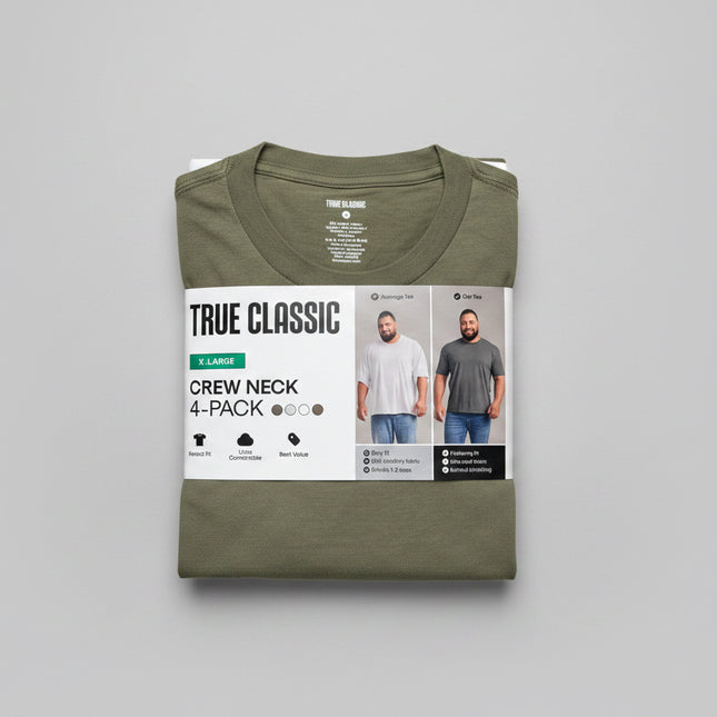 True Classic Crew Neck Tee Shirt - 4 Pack Green/Army/Grey/White Size XL