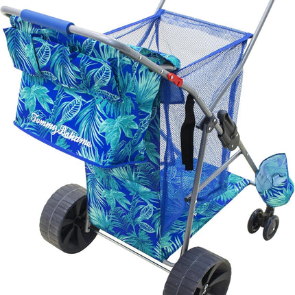 Tommy Bahama Wonder Wheeler Deluxe Folding Beach Cart, Portable Caddy for Towels and Beach Accessories, Stores 48-Quart Cooler & 4 Chairs, Blue-New