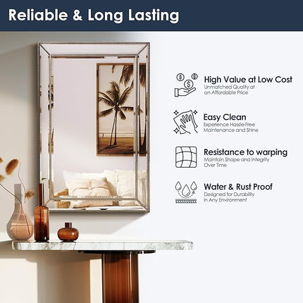 Head West Champagne Silver Metro Beaded Glass Framed Vanity Mirror 24"x36" Open Box