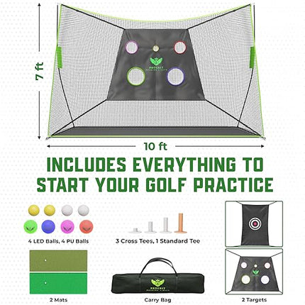 Golf Practice Net - Multifunctional Golf Chipping Net with 2 Surfaced Mats, Tees, LED Golf Balls - Golf Equipment and Accessories, Golf Nets for Backyard Driving Real Golf Balls - 10ft x 7ft