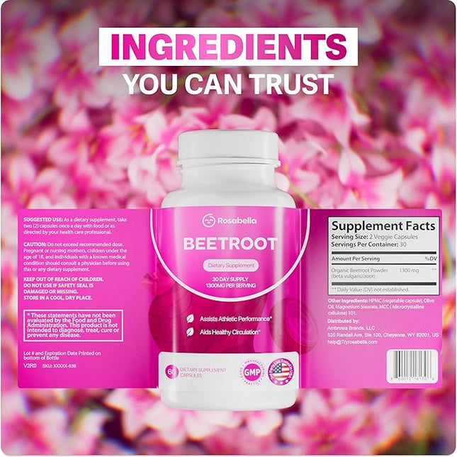 Rosabella Organic Beet Root Capsules - 1300mg Beet Root Powder Aids Healthy Circulation & Vitality, Non-GMO, Beet Root Supplement - 60 Capsules